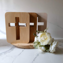 Load image into Gallery viewer, Handcrafted LED cross light made from European Beechwood with adjustable dimmer, providing a warm, intimate glow. Ideal for children's rooms, prayer corners, and home decor. Battery-operated with 8-12 hours of light on a 2-4 hour charge.
