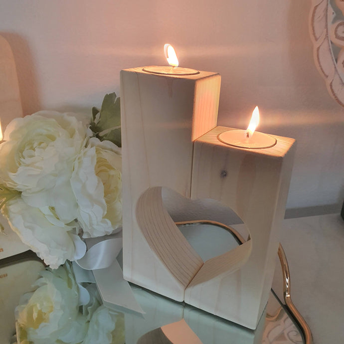 Wooden heart candle stands two piece wedding personalised gift