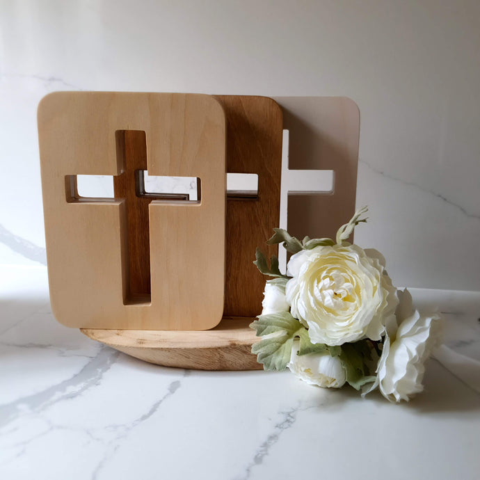 Handcrafted LED cross light made from European Beechwood with adjustable dimmer, providing a warm, intimate glow. Ideal for children's rooms, prayer corners, and home decor. Battery-operated with 8-12 hours of light on a 2-4 hour charge.