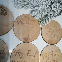 Load image into Gallery viewer, Wooden Milestone Cards | Set of 23 discs | Australian Native Gum Tree
