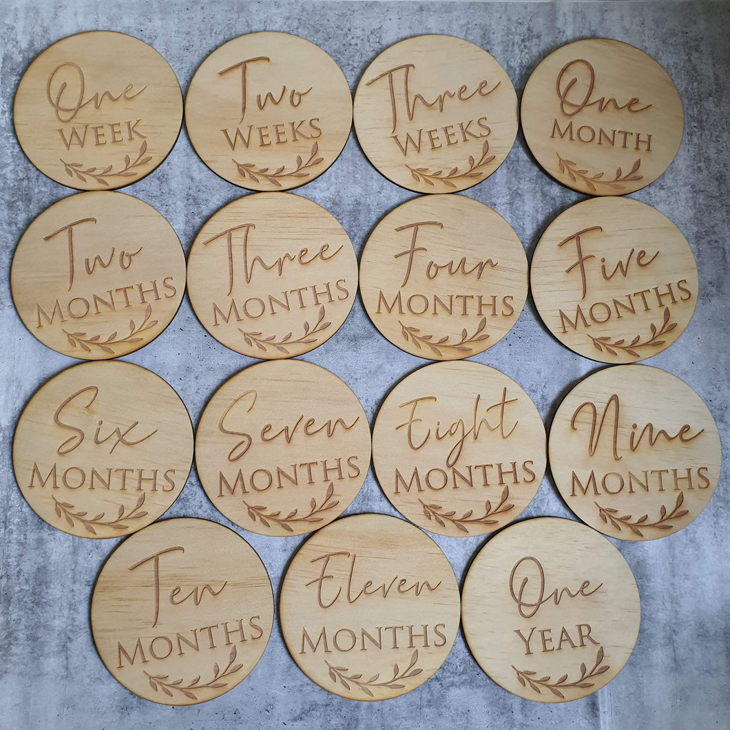 Wooden Milestone Cards | Set of 23 discs | Olive leaf